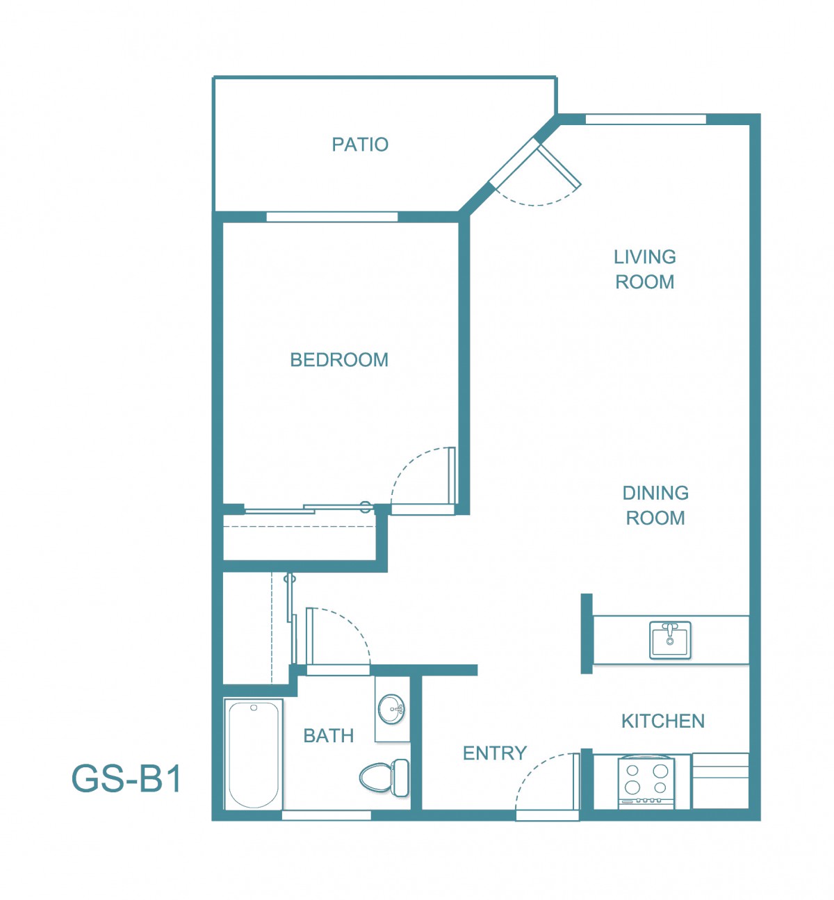 A blueprint of a one-bedroom apartment layout showing the arrangement of rooms and facilities.