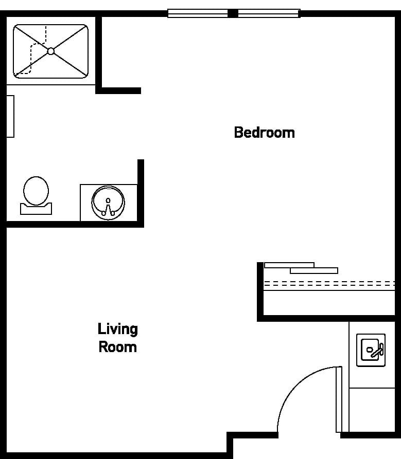 A floor plan of an apartment showing a bedroom, living room, and bathroom layout.