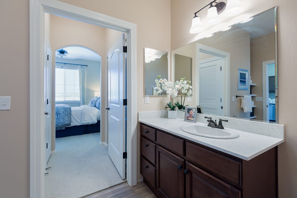 A well-lit bathroom with a sink, mirror, and decorative elements, showing a view into an adjoining bedroom.