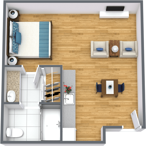 A 3D floor plan of a one-bedroom apartment showcasing the layout with designated spaces for a bedroom, living area, and bathroom.