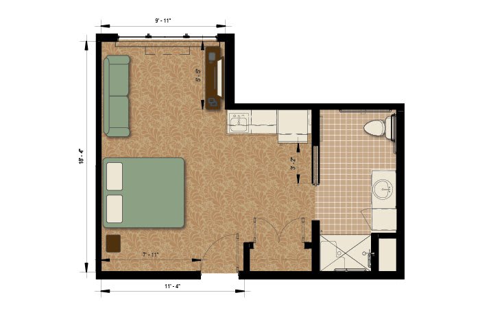 A floor plan of a one-bedroom apartment featuring a living area, kitchen, bathroom, and bedroom.