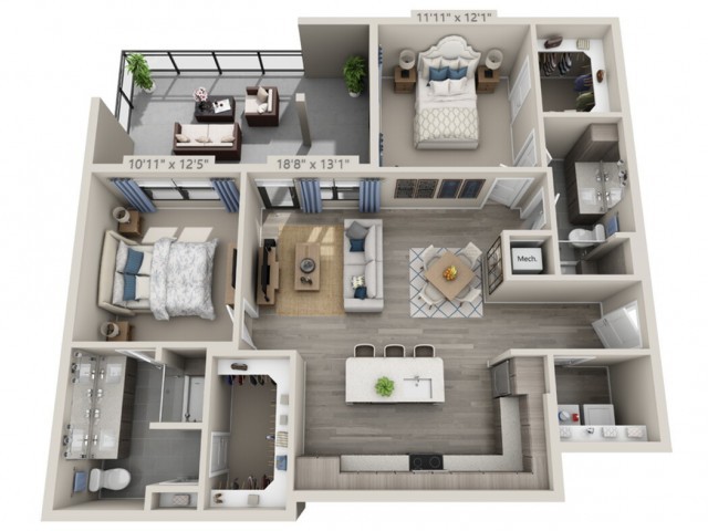 3D floor plan of a modern apartment with multiple rooms and amenities.