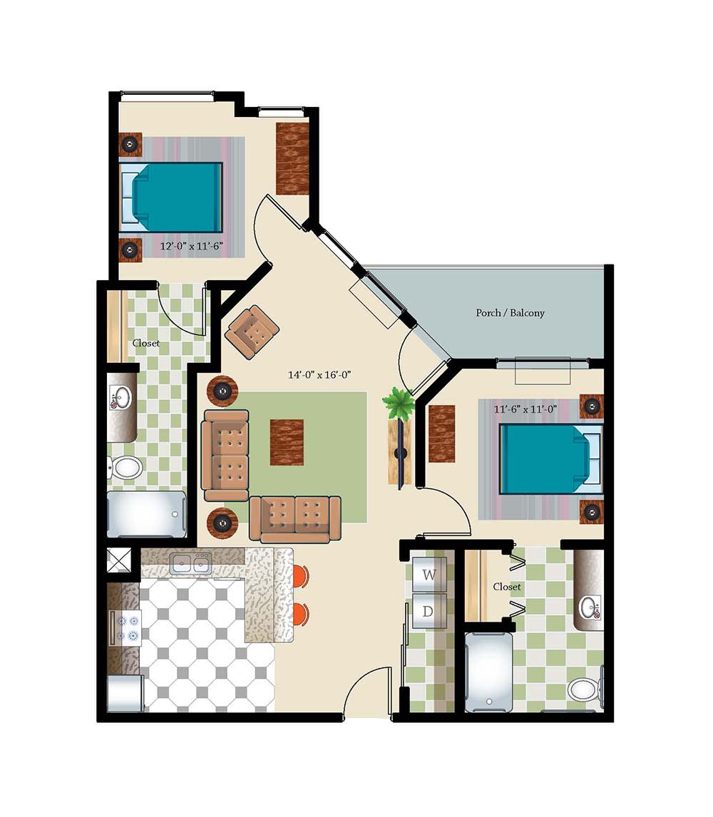 This image depicts a two-bedroom apartment floor plan with labeled rooms and furnishings.