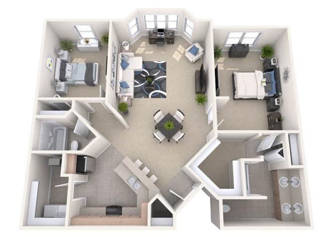 3D floor plan of an apartment featuring two bedrooms, a living room, a kitchen, and a bathroom.