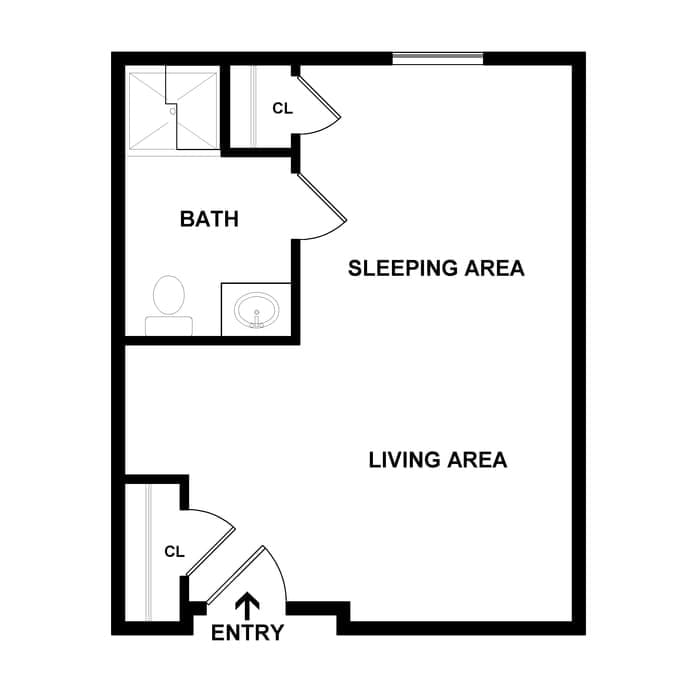 A floor plan of a studio apartment featuring a living area, sleeping area, and a bathroom.