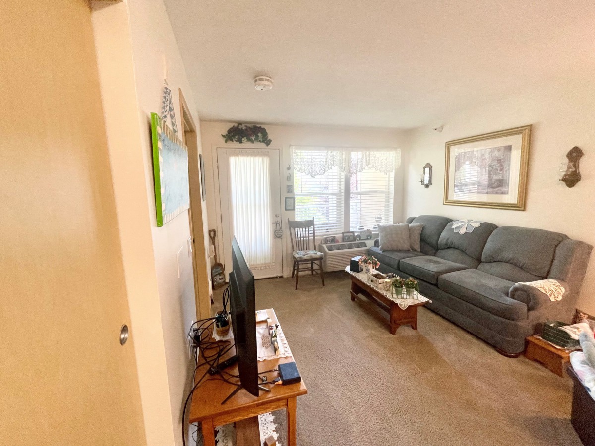 A cozy living room with a sofa, coffee table, and a television.