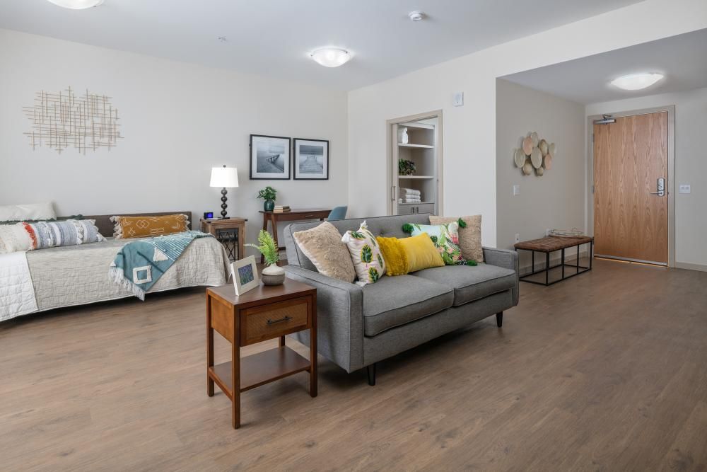 A modern living room with a comfortable gray sofa, colorful cushions, and elegant wooden flooring.