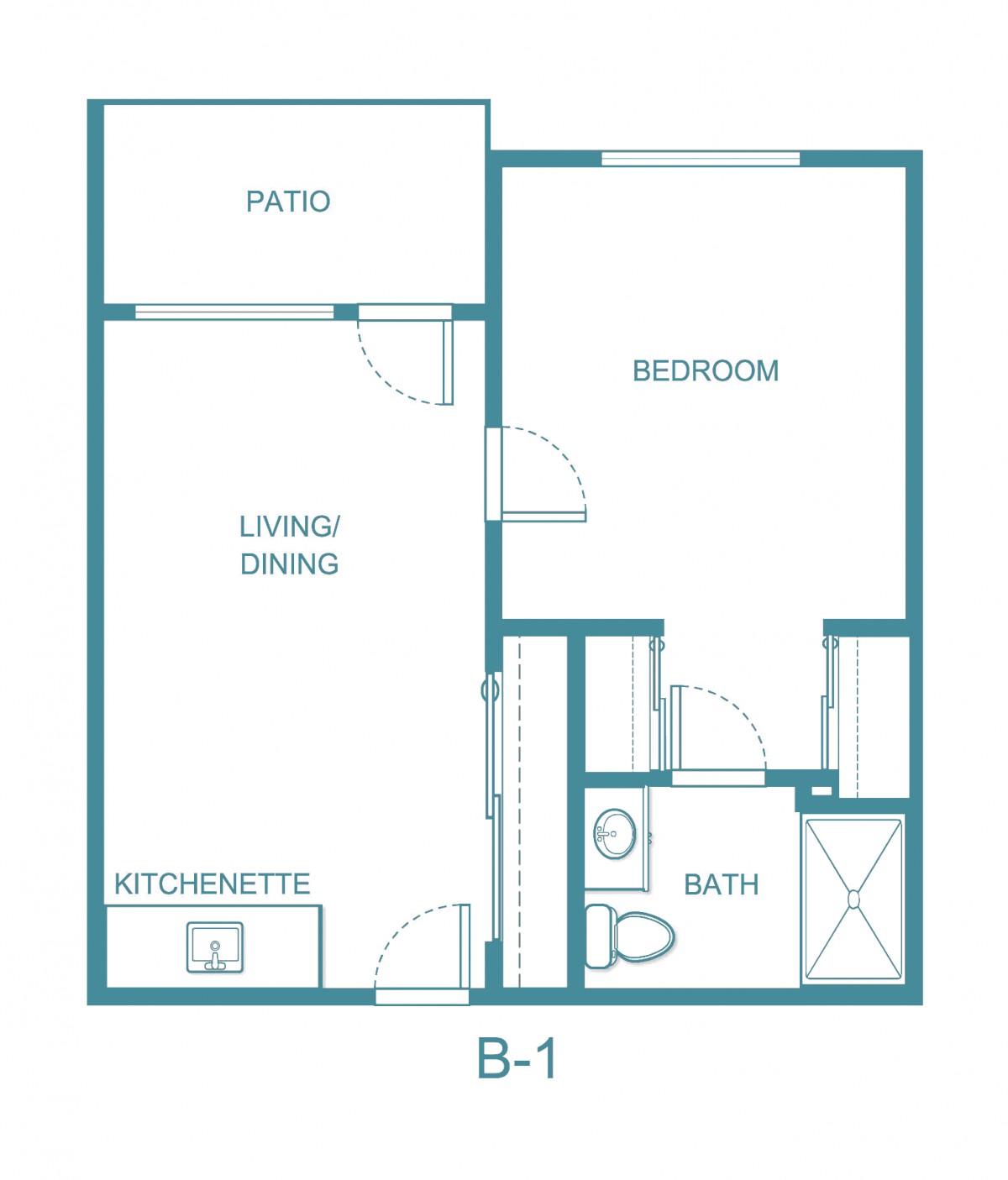 A floor plan of a one-bedroom apartment featuring a living/dining area, kitchenette, bathroom, and patio.