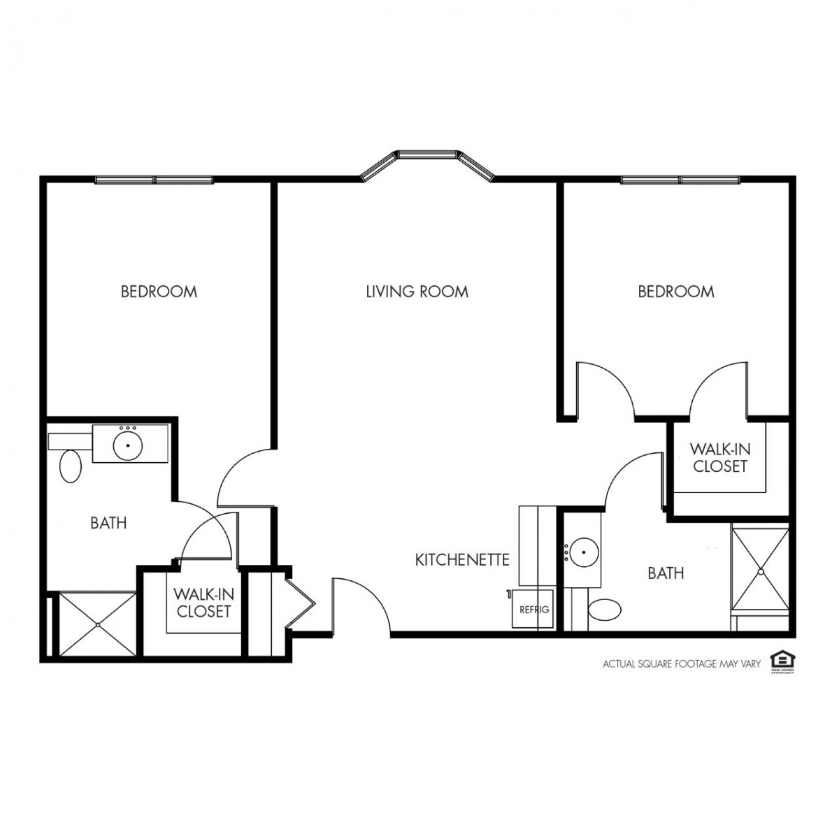 A blueprint of a two-bedroom apartment featuring a living room, kitchen, and two bathrooms.