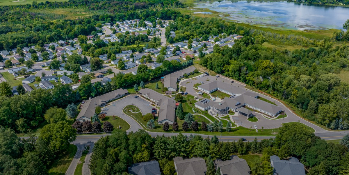 Aerial view of a suburban residential area surrounded by greenery.