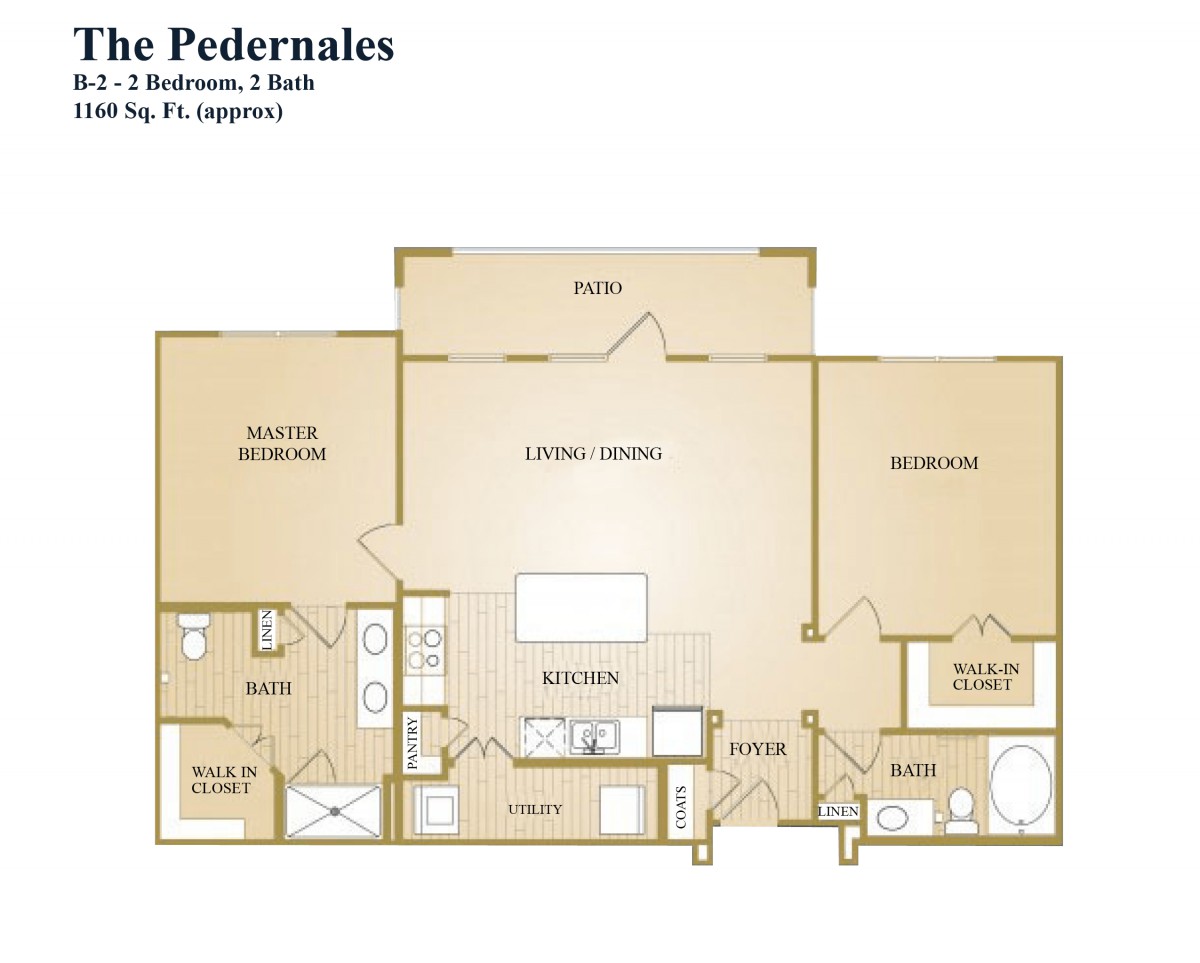 A floor plan of a two-bedroom, one-bathroom apartment named 'The Pedernales'.
