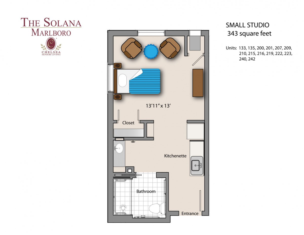 Floor plan of a small studio apartment measuring 342 square feet.