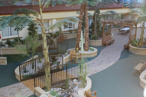 A serene indoor space featuring palm trees, a winding walkway, and benches for relaxation.