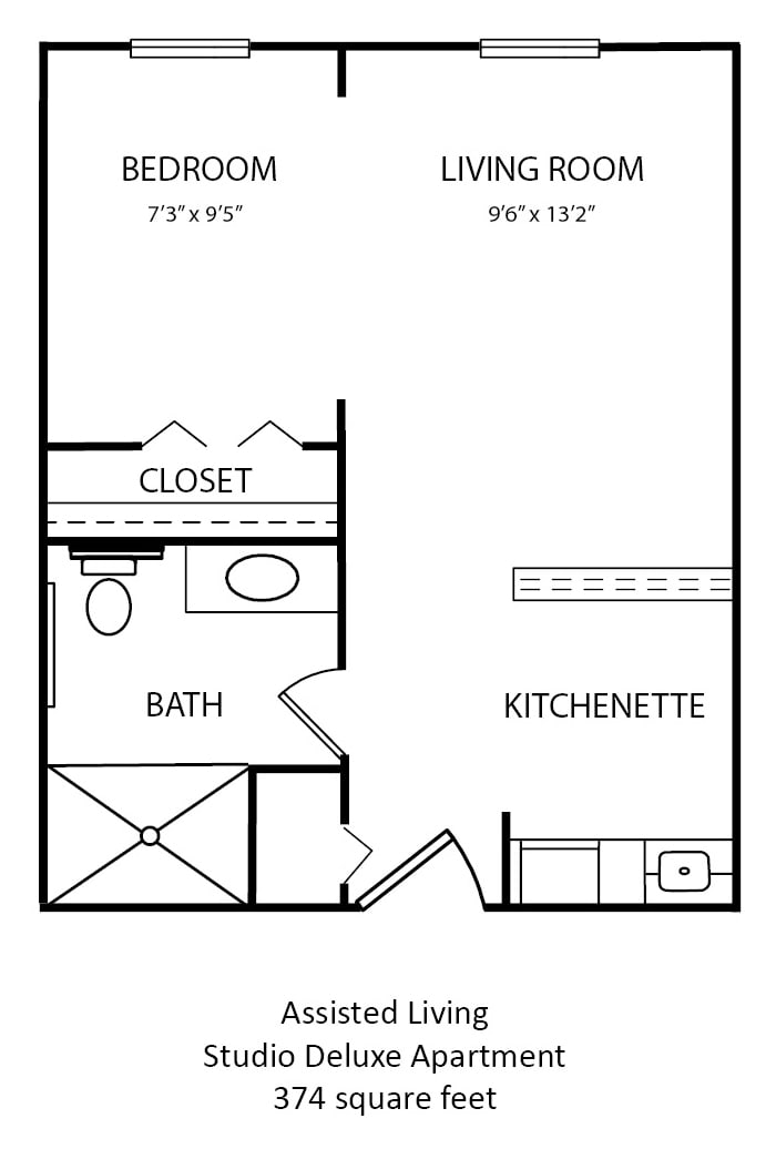 Studio apartment floor plan with a bathroom, closet, and kitchenette.