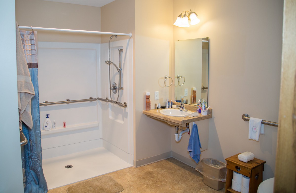 An accessible bathroom with a walk-in shower featuring grab bars and a sink with a mirror.