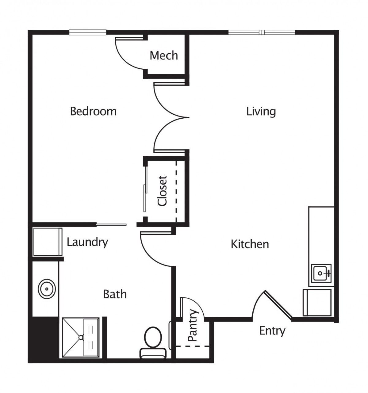 A floor plan of a one-bedroom apartment featuring a living room, kitchen, bathroom, laundry area, pantry, and mechanical room.