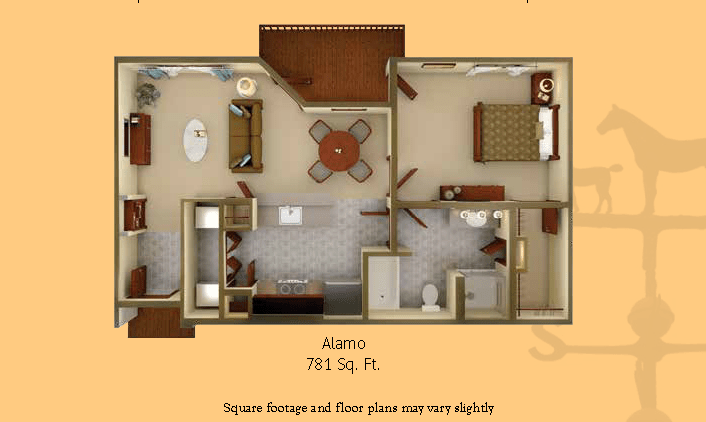 A floor plan of a 781 sq ft apartment featuring two bedrooms, a living room, kitchen, and bathroom.