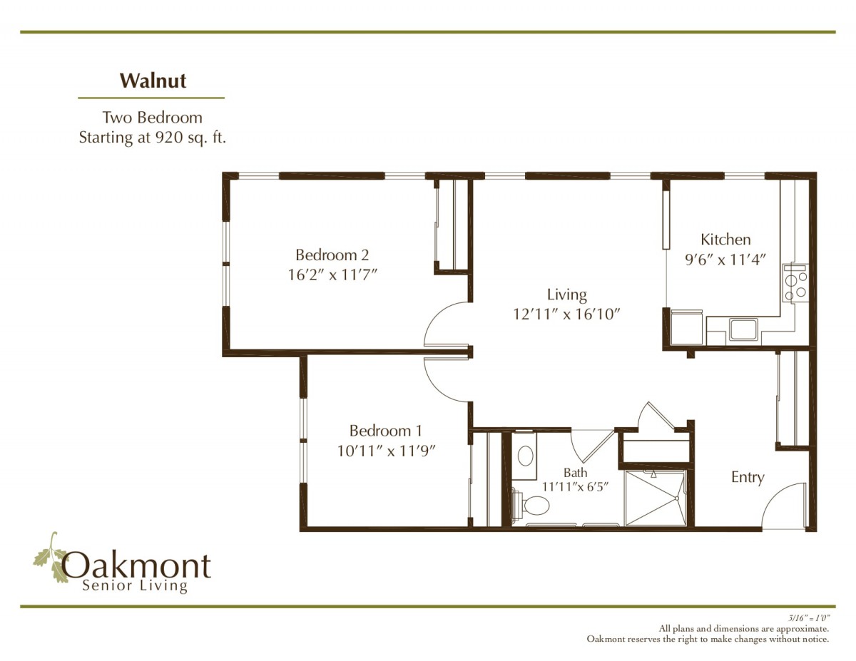 Floor plan of a two-bedroom apartment with dimensions.
