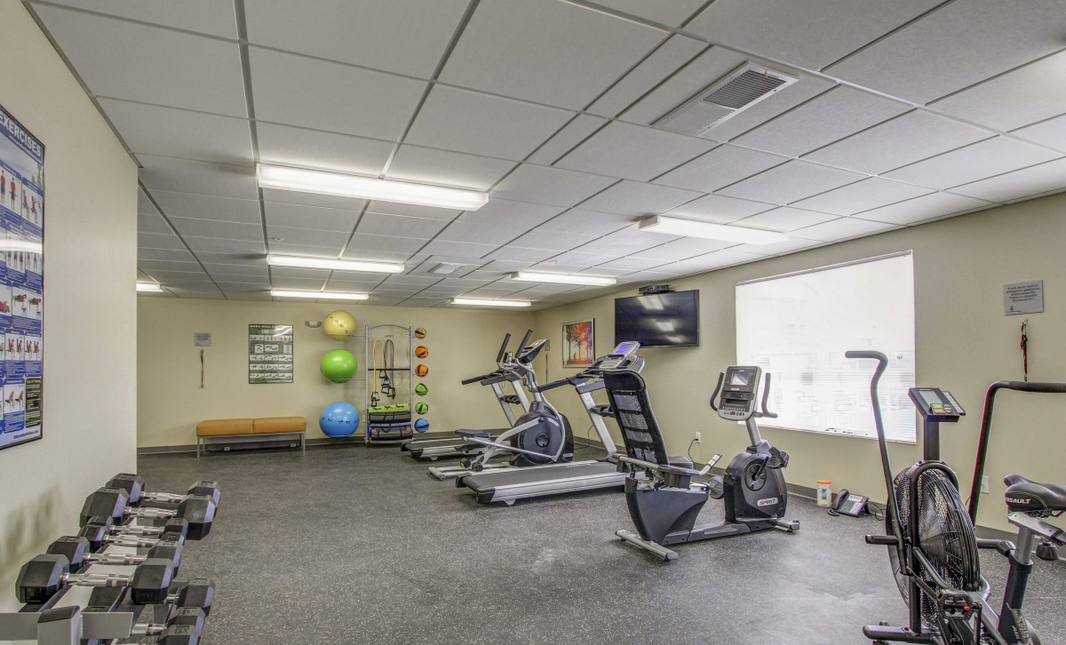 A well-equipped gym room featuring treadmills, a stationary bike, and exercise balls.
