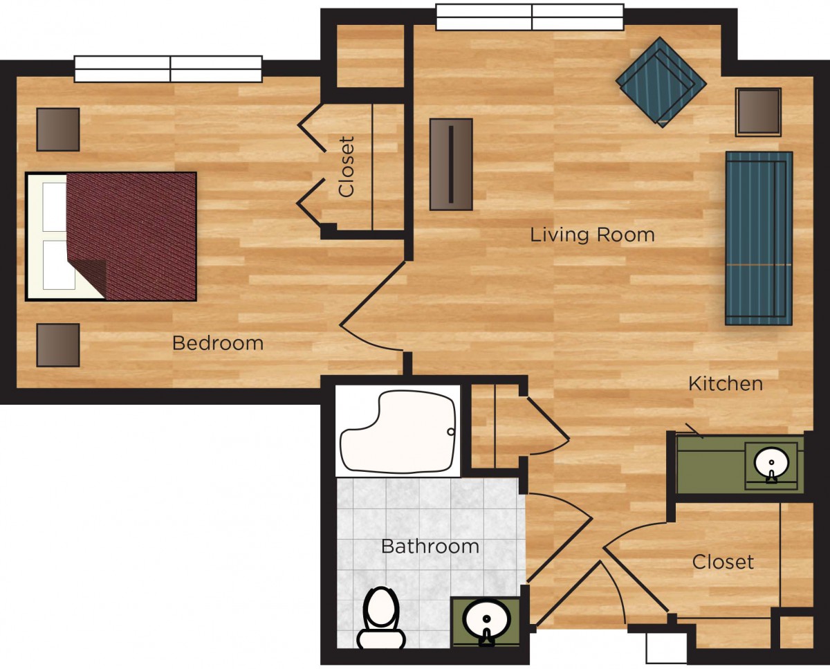 A floor plan of a one-bedroom apartment featuring a living room, kitchen, and bathroom.