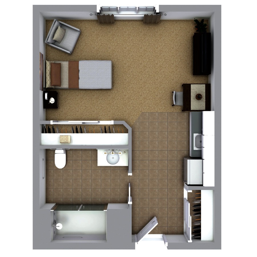 A 3D floor plan of a compact one-bedroom apartment with a bathroom, kitchen, and living area.