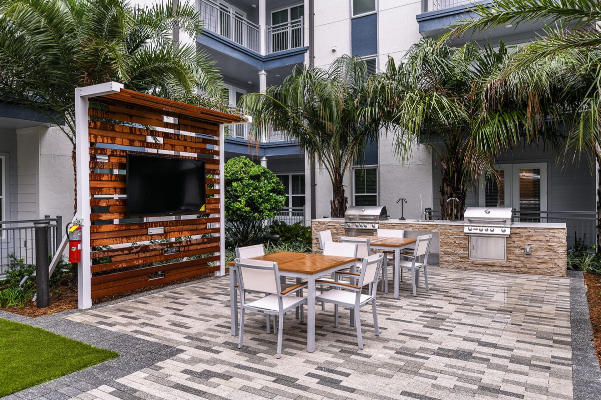 A modern outdoor patio area featuring a TV, grill, and dining furniture surrounded by palm trees.