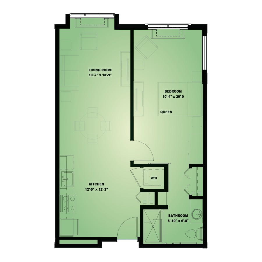 A floor plan layout of an apartment showing different rooms and spaces.