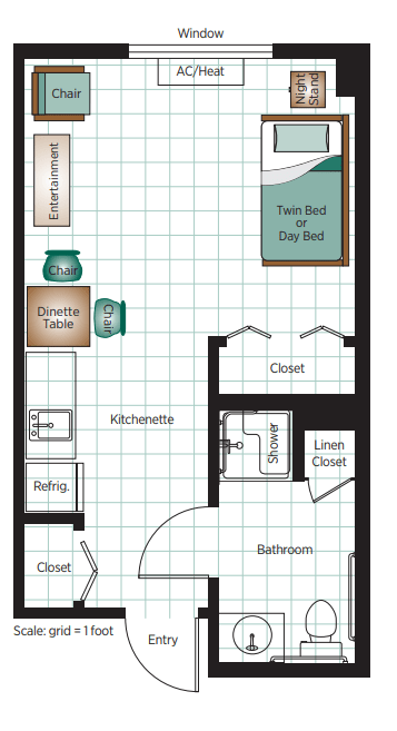 Floor plan of a studio apartment with kitchen, bathroom, twin bed, and dining area.