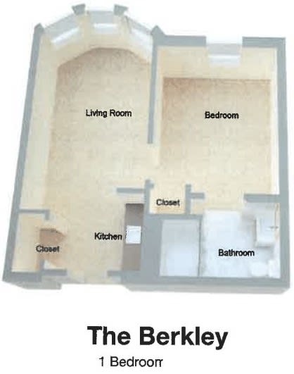 A floor plan of 'The Barkley' featuring a living room, kitchen, bedroom, and bathroom.