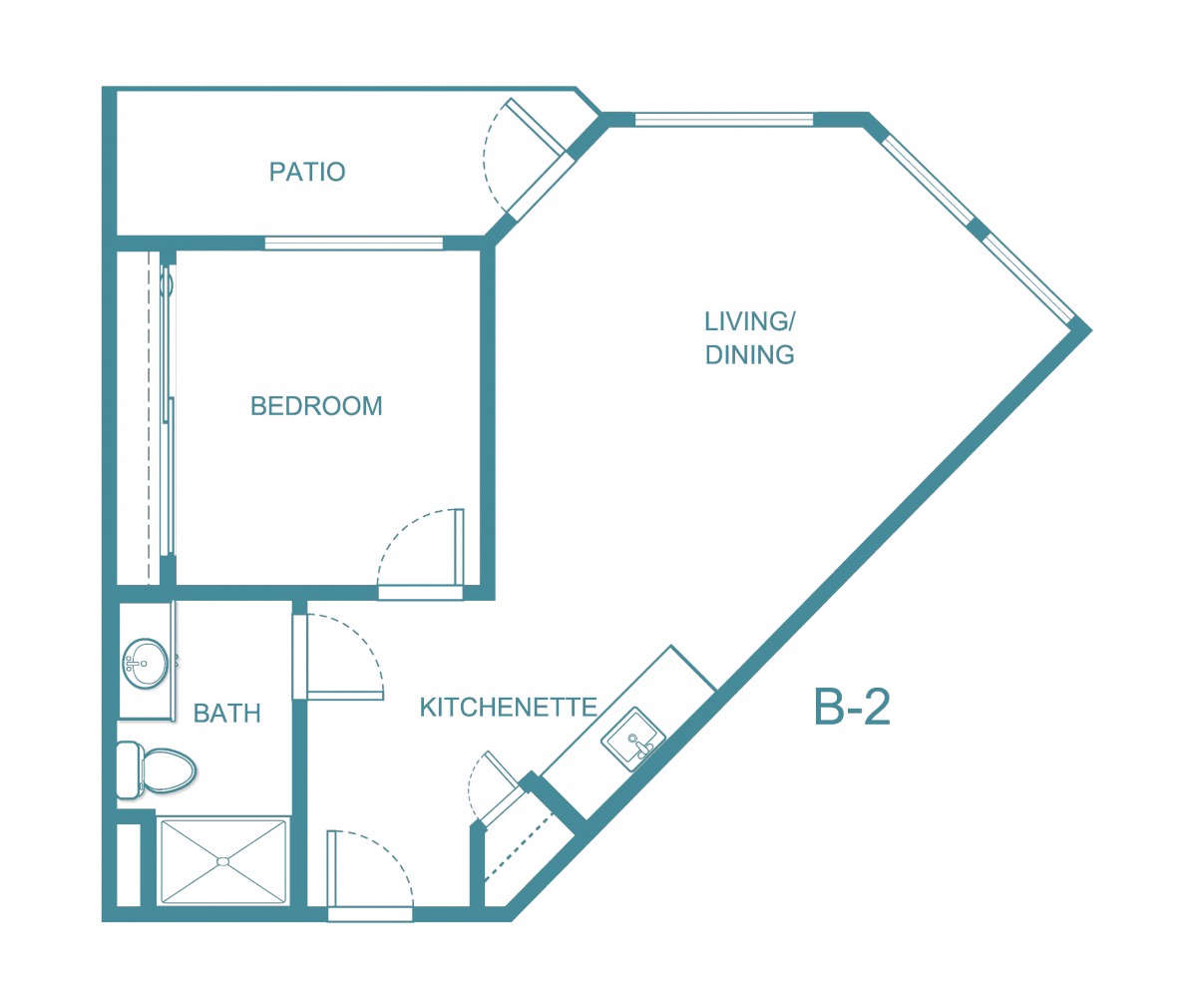 Floor plan of a one-bedroom apartment with living/dining area, kitchen, bathroom, bedroom, and patio.