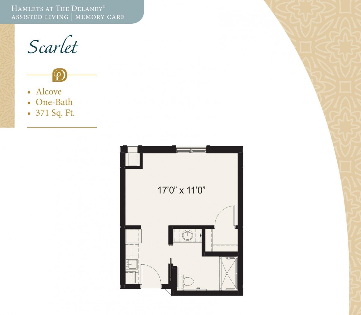 A floor plan of a studio apartment labeled as 'Scarlet,' featuring one bedroom and one bath within 373 square feet.