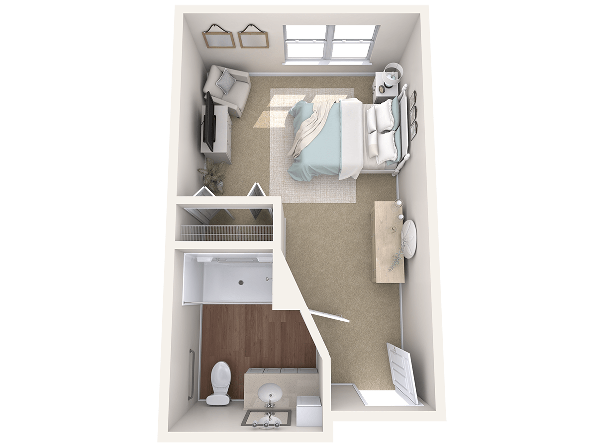 A 3D floor plan of a compact bedroom with an attached bathroom.