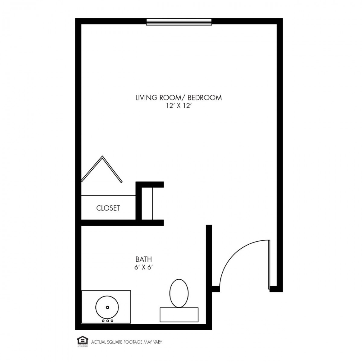 A floor plan of a studio apartment with a living room/kitchen area and a bathroom.