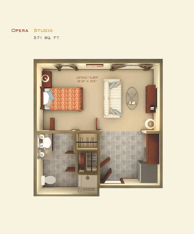 Studio apartment layout showing a bedroom, bathroom, kitchen, and living area.