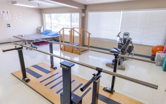 A physical therapy room equipped with parallel bars and exercise machines for rehabilitation.