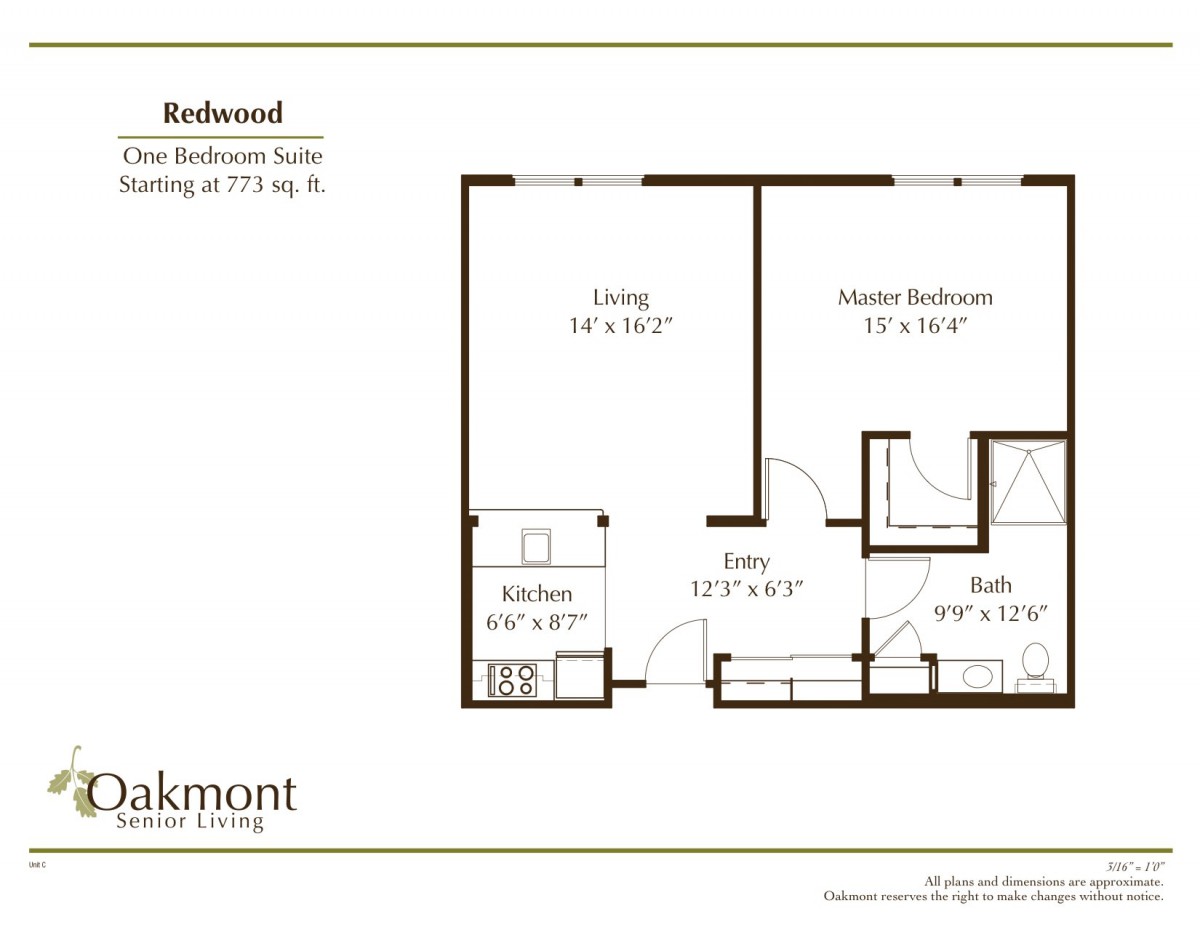 Floor plan of a one-bedroom suite with living room, kitchen, and bathroom.