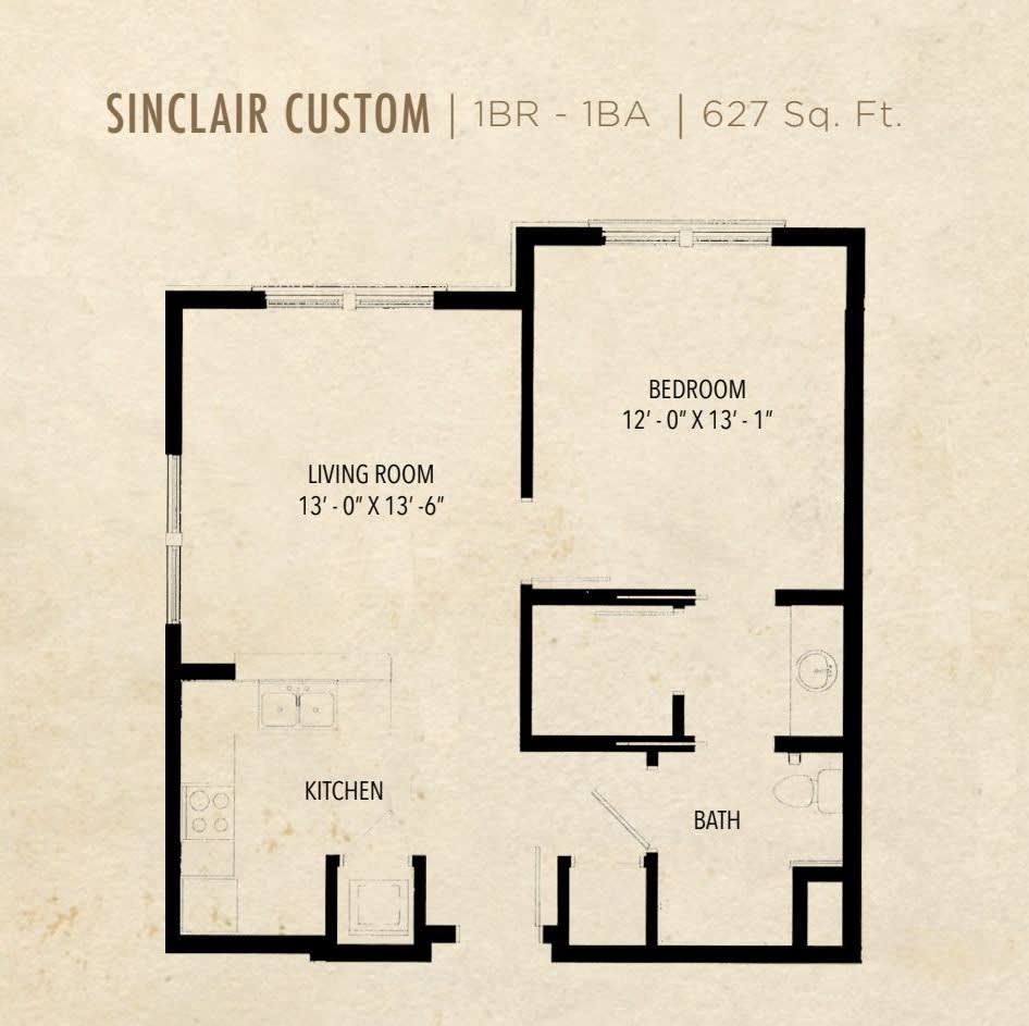 Floor plan of the Sinclair Custom apartment featuring one bedroom and a cozy living space.