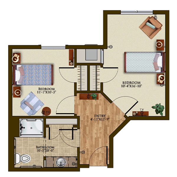 A detailed floor plan of an apartment, showcasing the layout of rooms including a living room, two bedrooms, a bathroom, and a kitchen.