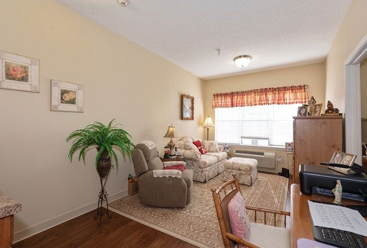 A cozy living room featuring a comfortable sofa, armchair, and various decorative elements like a plant and paintings.