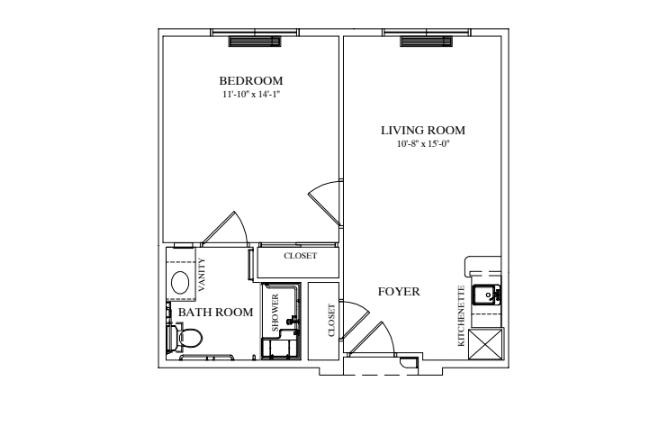 A floor plan of a one-bedroom apartment, featuring a living room, bathroom, kitchen, and foyer.