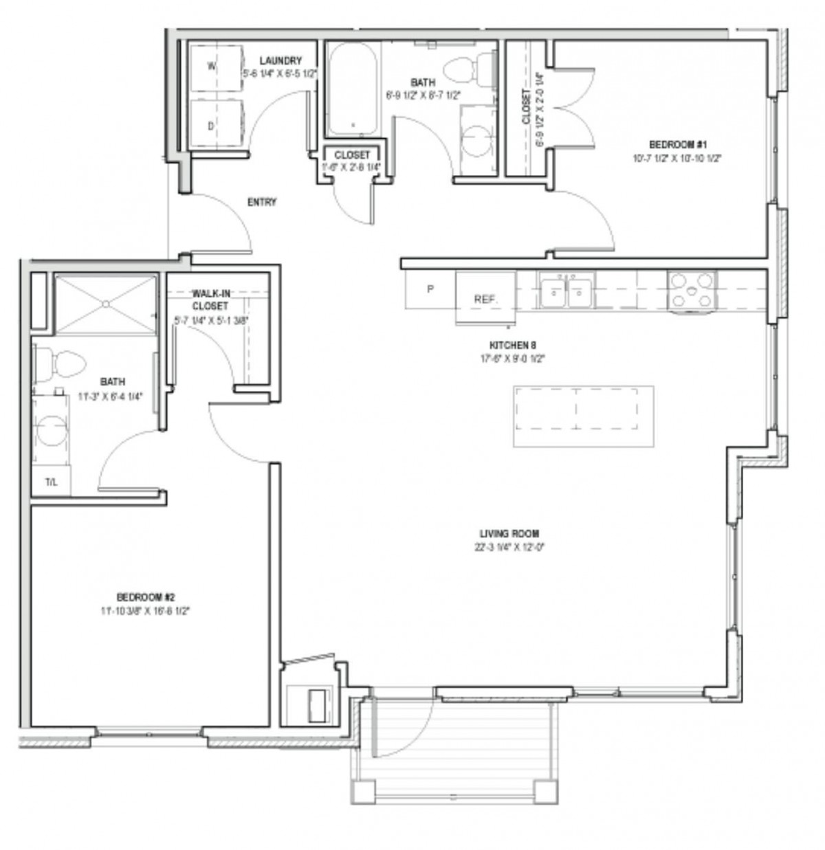 A detailed floor plan of an apartment showcasing the arrangement of rooms including living area, kitchen, and bedrooms.