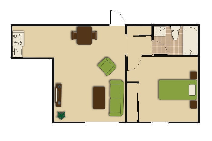 A floor plan of a small apartment, featuring a living room with furniture, a bedroom, and a bathroom.