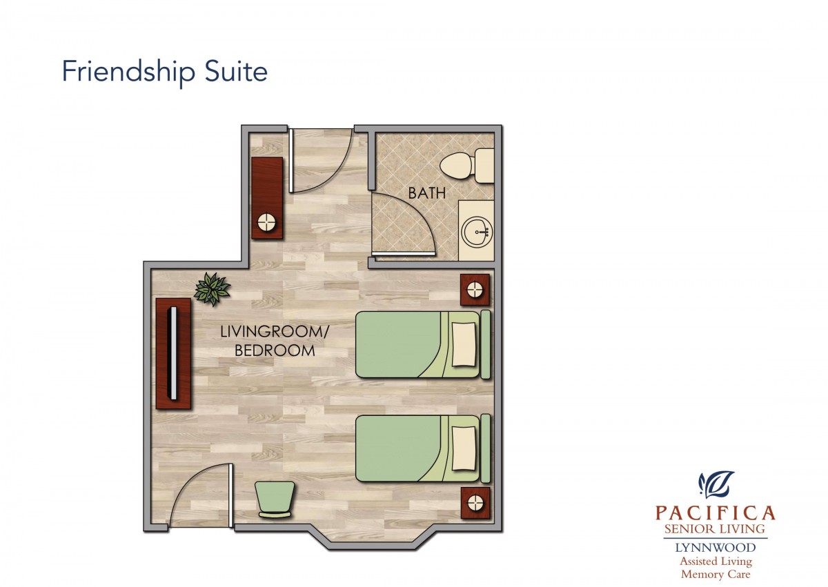 Floor plan of a Friendship Suite featuring two twin beds and a bathroom.