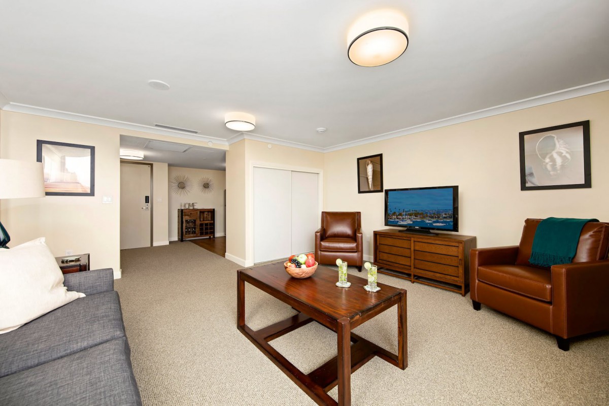 A spacious living room featuring modern furniture, including a sofa, armchair, and wooden coffee table, with a television on a stand.