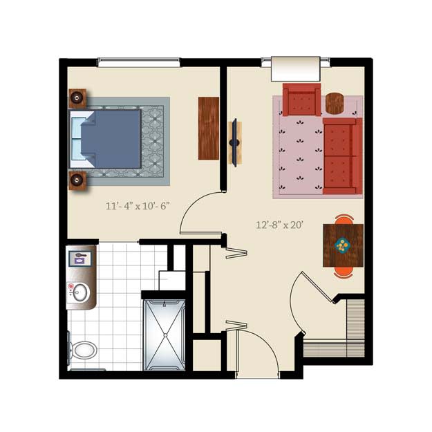 A floor plan of a one-bedroom apartment featuring a living room, bedroom, bathroom, and kitchen.