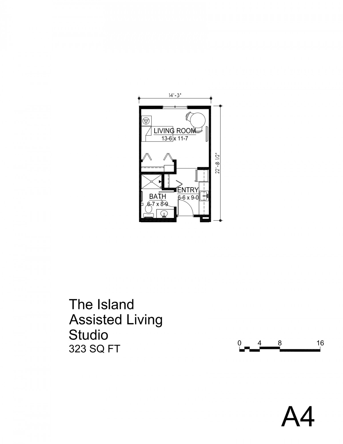 Floor plan of The Island Assisted Living Studio, measuring 382 sq ft.