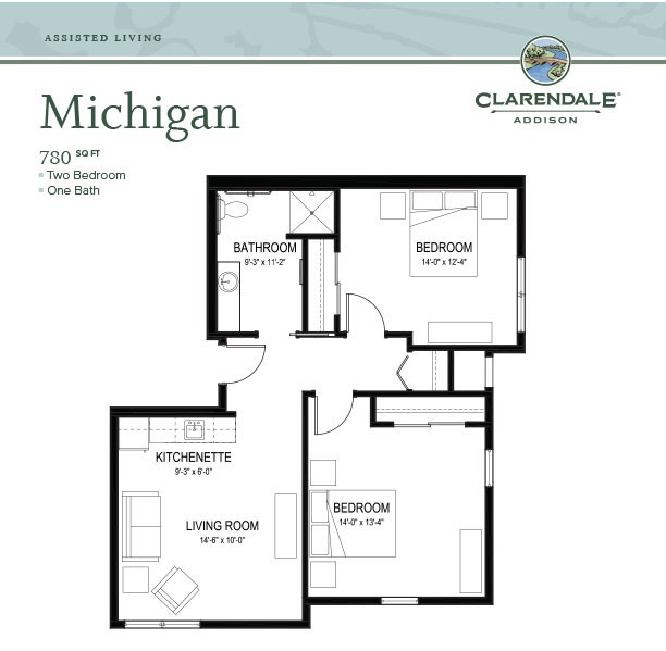 A floor plan for a two-bedroom apartment named 'Michigan' at Clarendale.