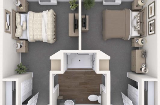 A top-down view of a two-bedroom apartment layout with a shared bathroom and living area.