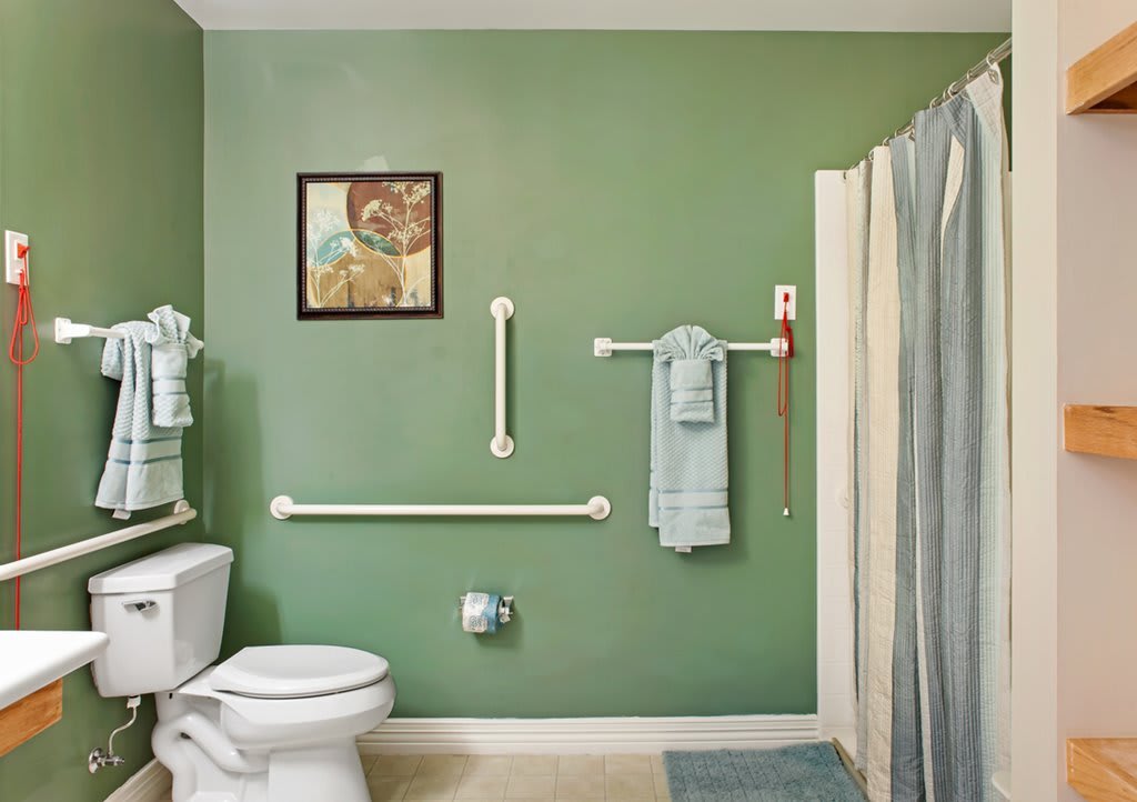 An accessible bathroom with green walls featuring grab bars, a toilet, and a shower.