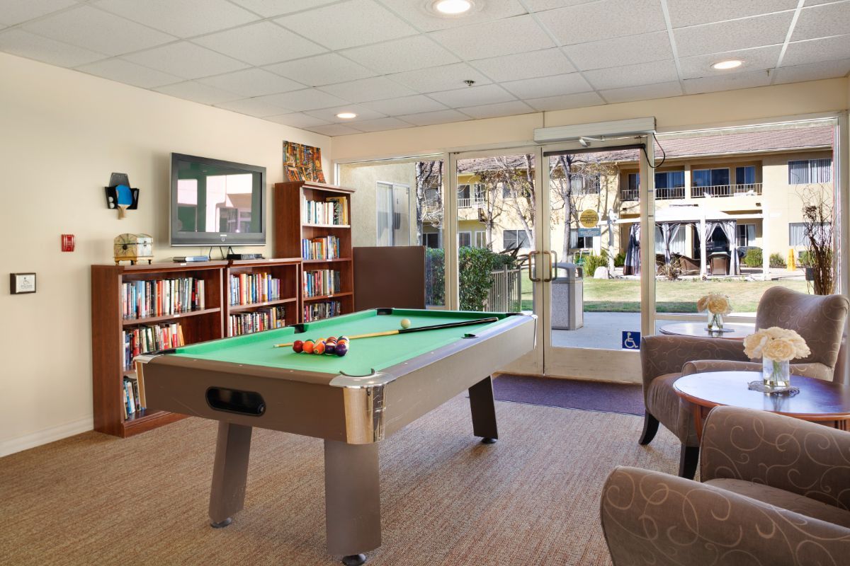 A cozy recreation room featuring a pool table, bookshelf, and seating area with a view of the garden.